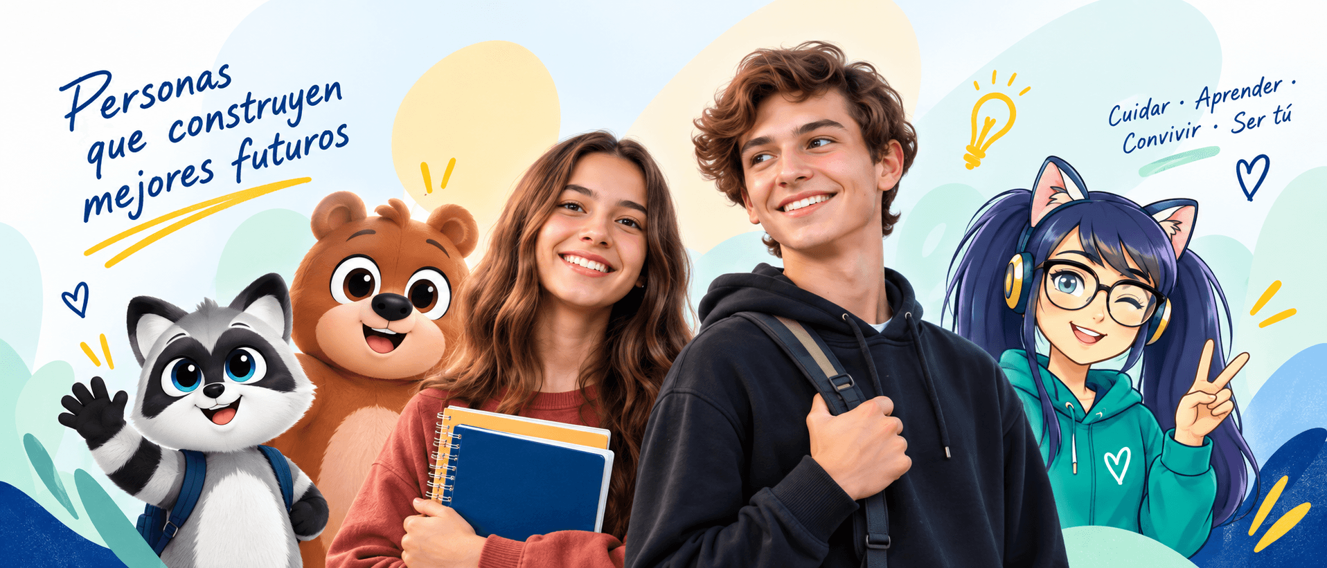 Estudiantes junto a los personajes y avatares del universo OM RED