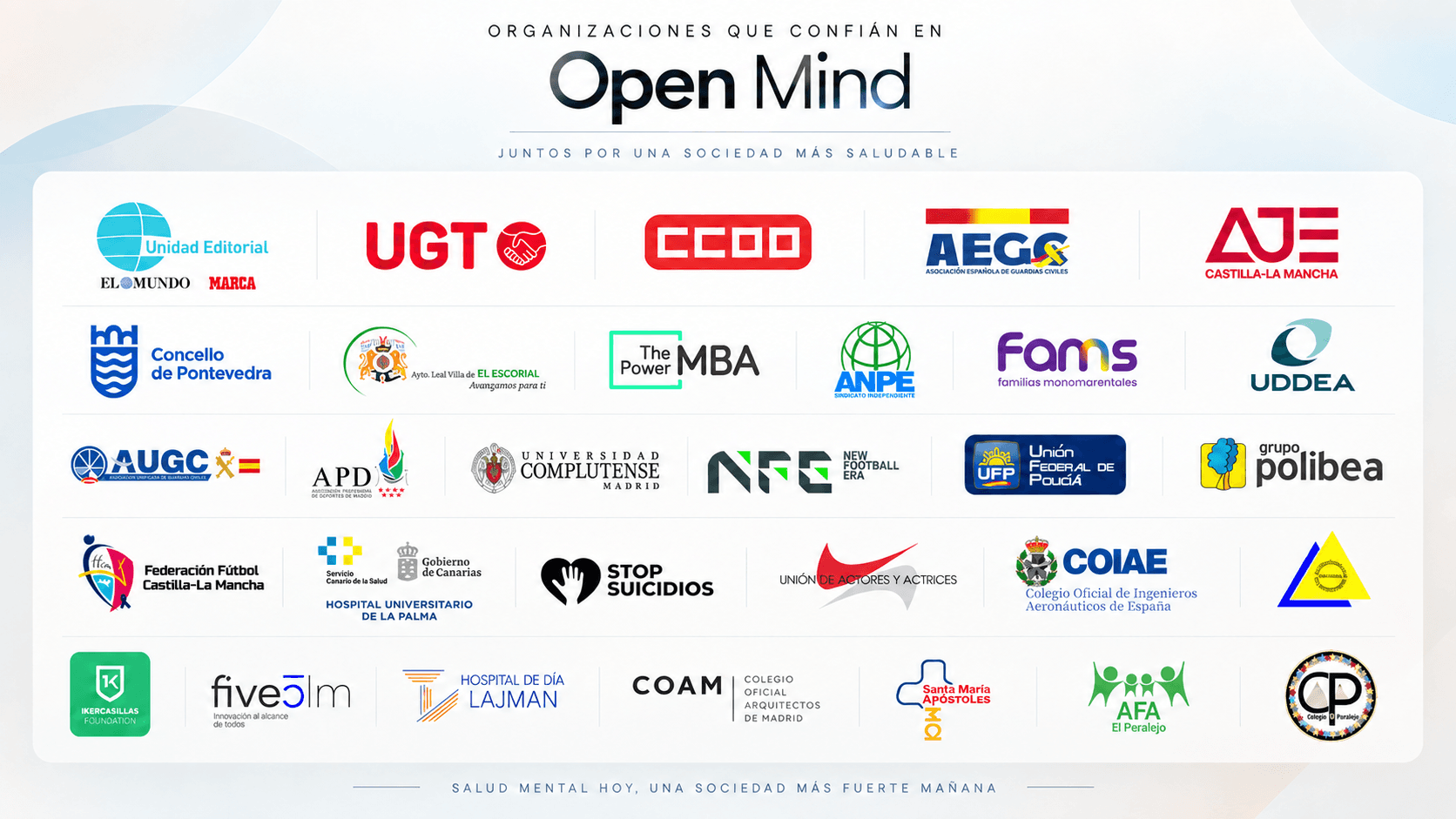 Organizaciones que confían en Open Mind: Unidad Editorial, UGT, CCOO, AEGC, AJE Castilla-La Mancha, Concello de Pontevedra, Ayuntamiento de El Escorial, The Power MBA, ANPE, Fams, UDDEA, AUGC, APD, Universidad Complutense de Madrid, New Football Era, Unión Federal de Policía, Grupo Polibea, Federación de Fútbol de Castilla-La Mancha, Gobierno de Canarias, Stop Suicidios, Nike, COIAE, IkerCasillas Foundation, five0lm, Hospital de Día Lajman, COAM, Santa María Apóstoles, AFA El Peralejo y Colegio El Peralejo